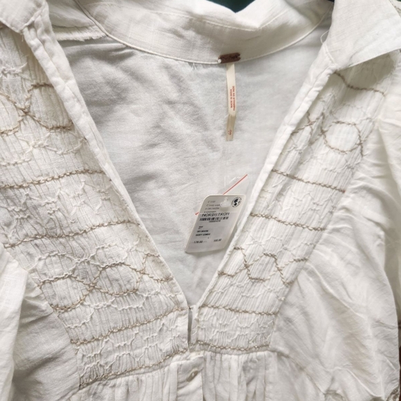 FREE PEOPLE Ivory Samantha Embroidered Maxi Cotton Shirt-Dress Billowy Sleeve L - Picture 6 of 11